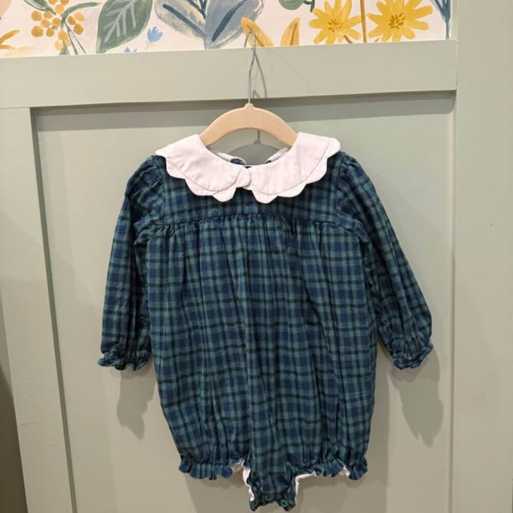 Cecil and Lou 3T Plaid Bubble Romper | Green Tartan